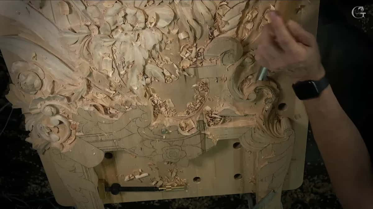 Large gouge in one hand over the whole panel, the roughed band and the pencil design under it