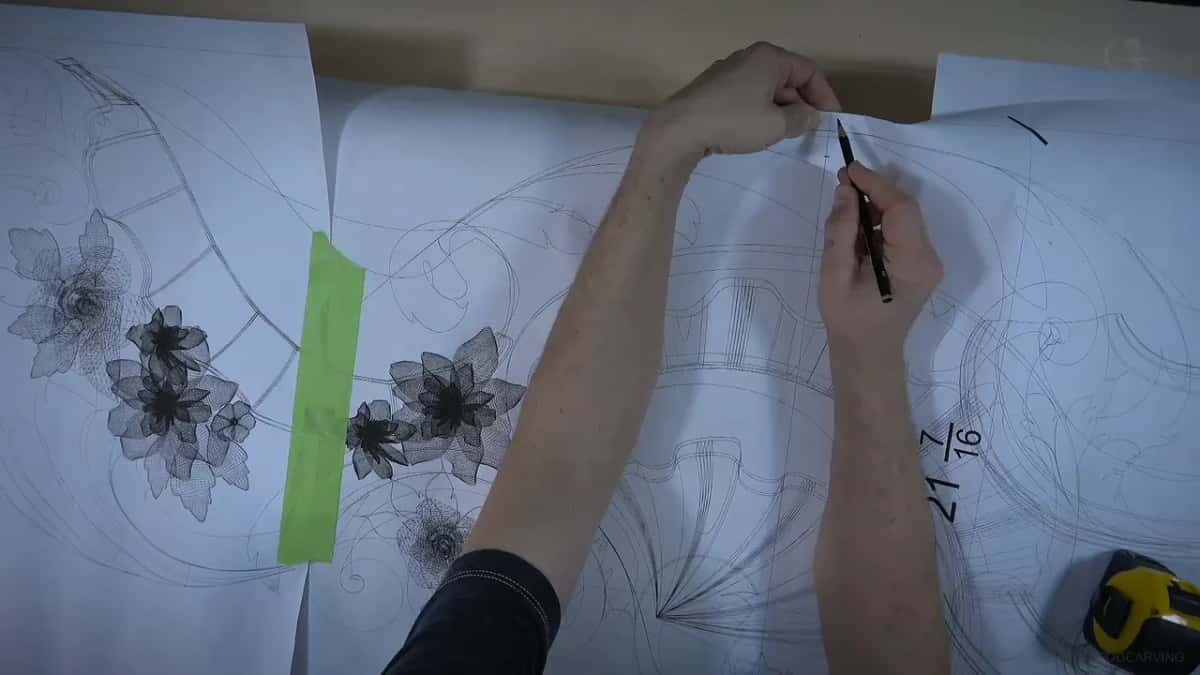 One and seven eighths Marking the layout line beside the width figure written on the sheet, the one measurement the entire room hangs on