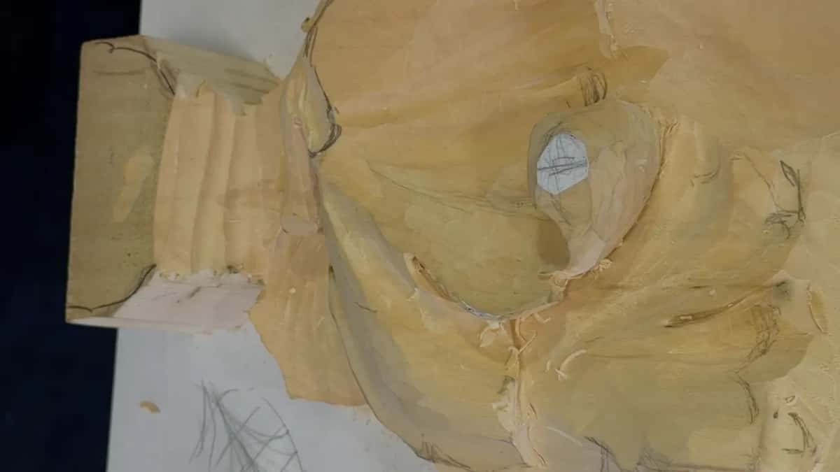 Paper hexagon stuck on a carved leaf