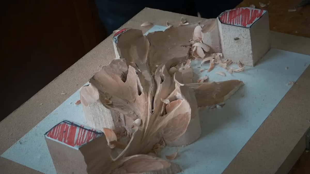 The carved leaf up close, lobes rolling over, red marked tabs behind