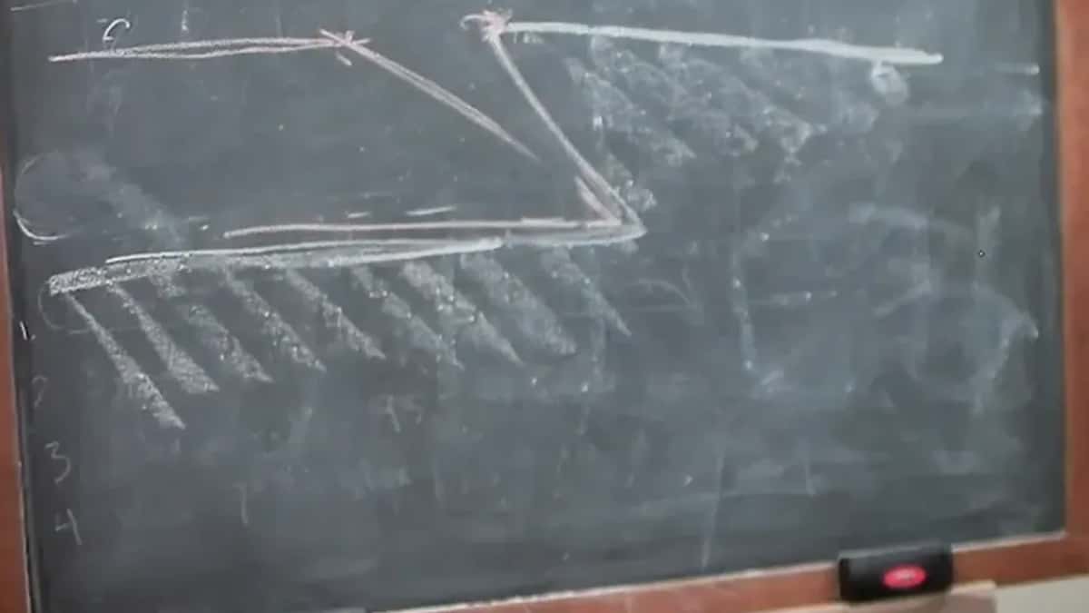 Chalk blade end slanting back under a leaning wall