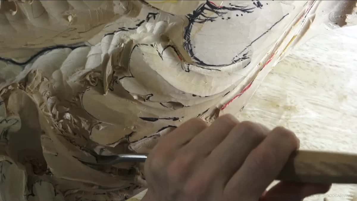 Gouge pushed by hand into acanthus scrolls