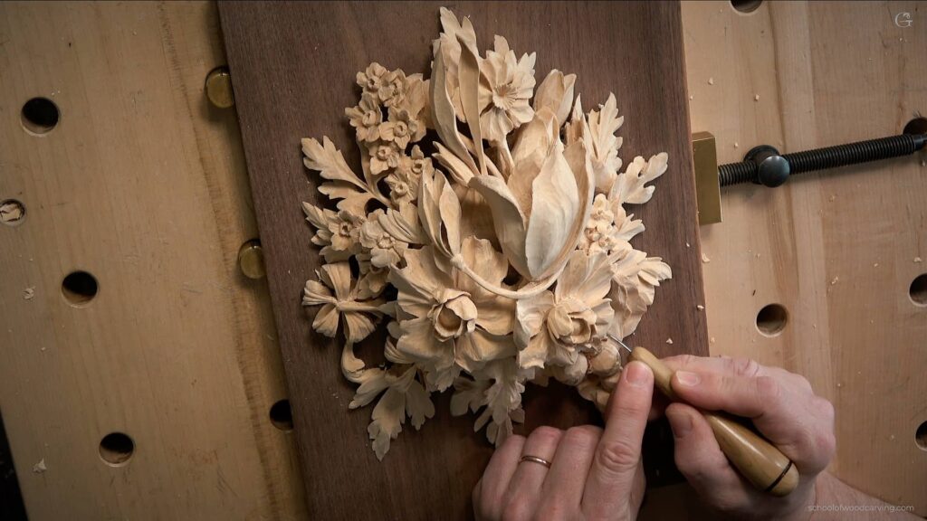 Alexander Grabovetskiy teaches How to carve wood in Grinling Gibbons Style of woodcarving. How to carve Foliage or Flowers
