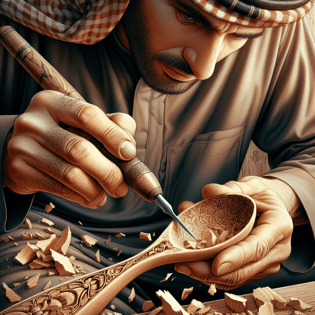 A skilled artisan carves intricate designs into a wooden spoon using a detailed carving tool. The hands are focused, showcasing the craftsmanship and precision involved in wood carving. Surrounding them are wood shavings, highlighting the creative process at work. This image captures the essence of devotion in wood carving classes and lessons, where artistry meets skill!