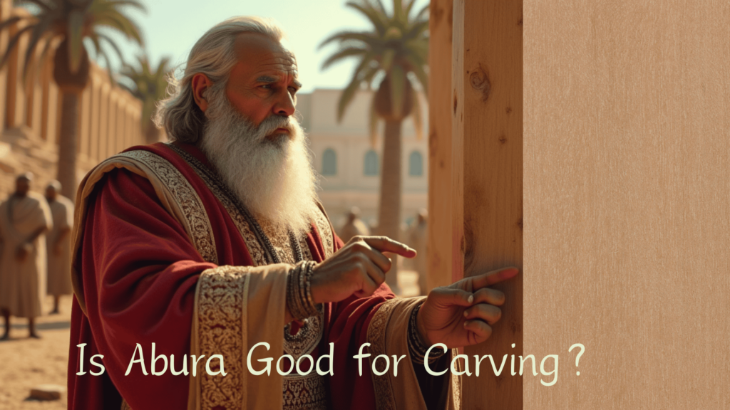 WOODCARVING LESSONS: An older man with a white beard and fancy clothes looks at a piece of wood outside. The image says, "Is Abura Good for Carving? - Wood Carving tutorials