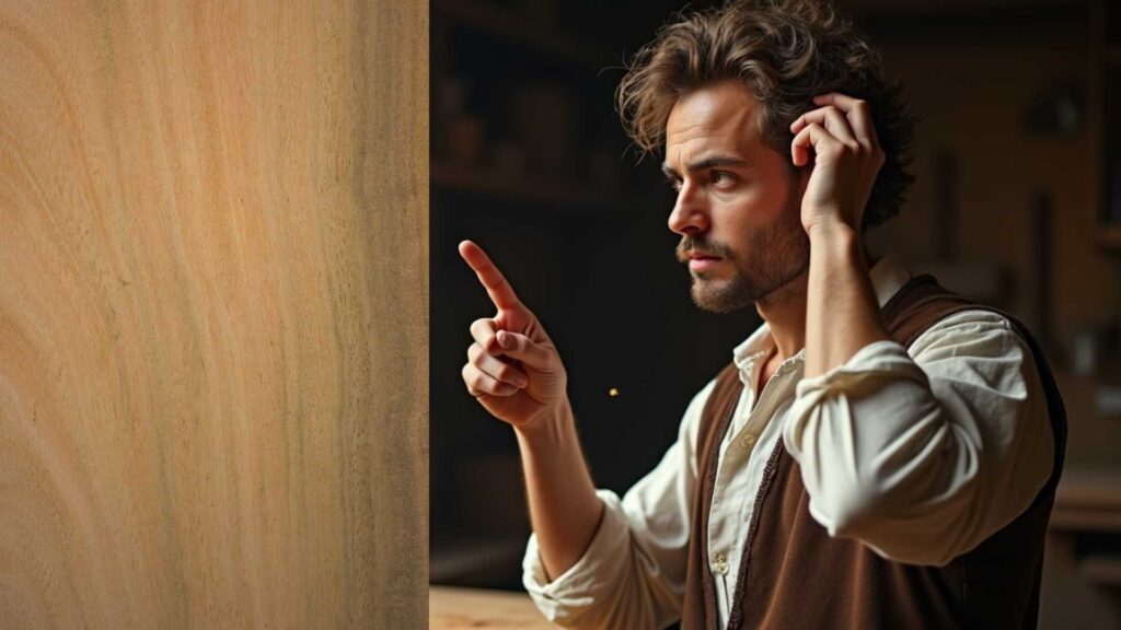 WOODCARVING LESSONS: A man with curly hair and a beard wears a white shirt and brown vest. He points with his right hand while his left hand is near his ear. The setting looks like a dimly lit wooden room. This man is "Woodcarver Grabovetskiy". - Wood Carving tutorials