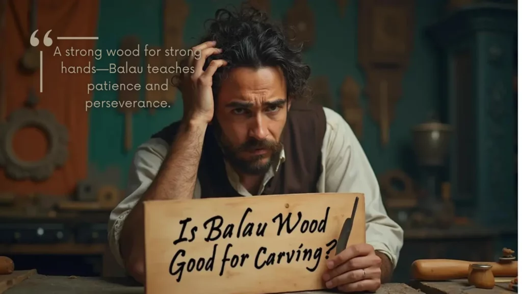 WOODCARVING LESSONS: A man with curly hair and a beard holds a wooden sign saying "Is Balau Wood Good for Carving?" Text next to him reads: "Balau is strong wood. It teaches patience and perseverance. - Wood Carving tutorials