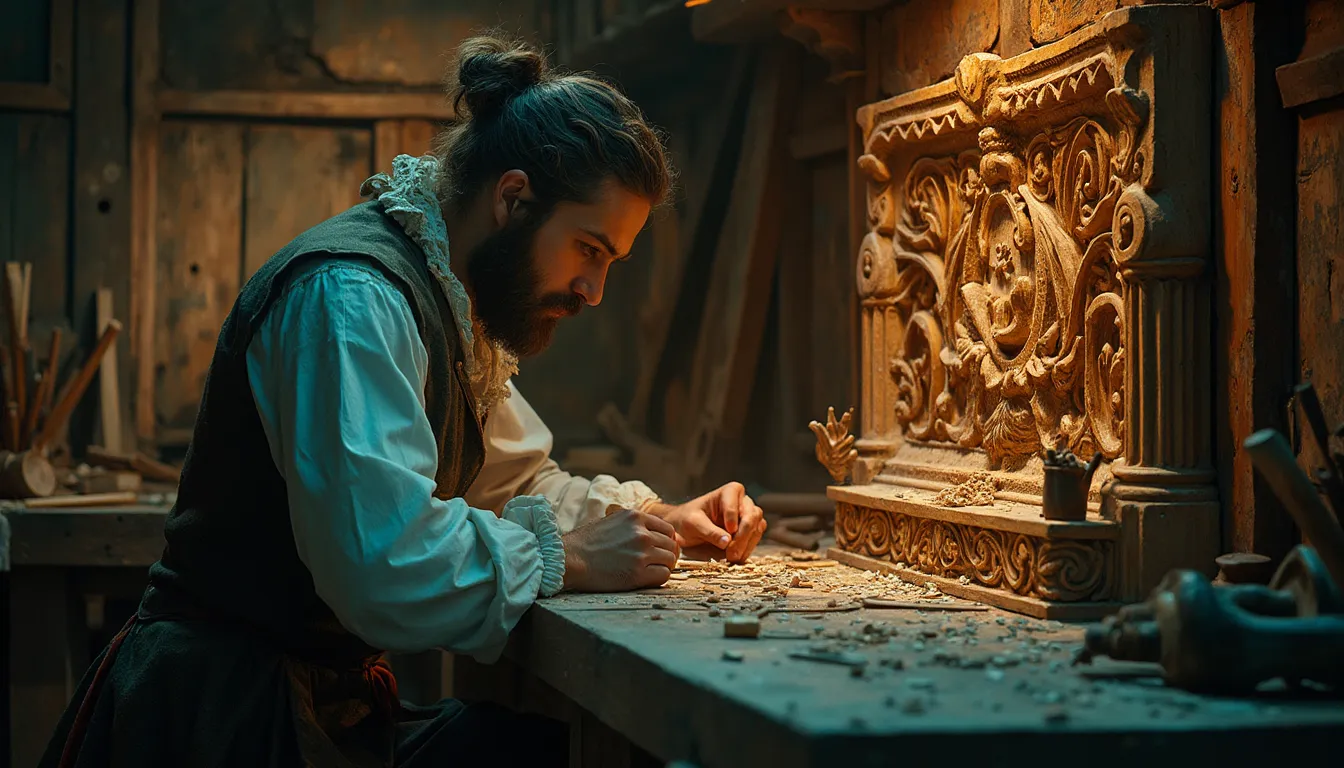 WOODCARVING LESSONS: Woodcarver Grabovetskiy, a man with long hair and a beard, focuses on a wood carving in his workshop. The room is dim, filled with many woodworking tools. - Wood Carving tutorials