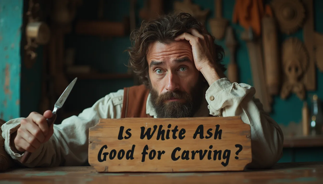 WOODCARVING LESSONS: A bearded man sits at a table holding a knife and a wooden sign. The sign says, "Is White Ash Good for Carving?" The man is Woodcarver Grabovetskiy. - Wood Carving tutorials