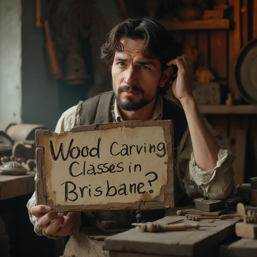 A person looking thoughtfully at the camera while holding a weathered sign that reads "Wood Carving Classes in Brisbane?" The background shows a cozy workshop filled with various carving tools and wood pieces, creating a warm, creative atmosphere. This scene captures the essence of wood carving lessons, inviting potential students to explore their artistic side.