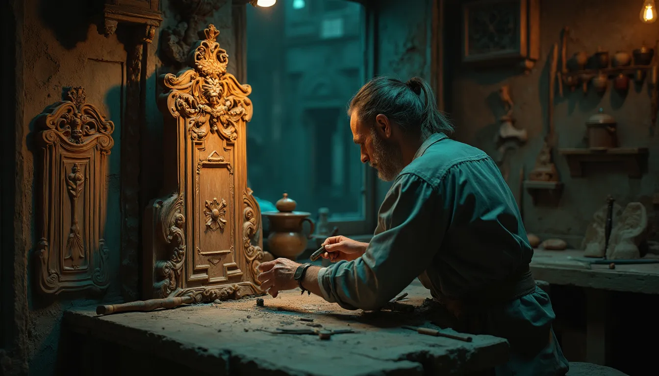 WOODCARVING LESSONS: Woodcarver Grabovetskiy, a bearded man with a ponytail, carves detailed designs into wood in a rustic workshop. He works under a single overhead light, concentrating deeply on his craft. - Wood Carving tutorials