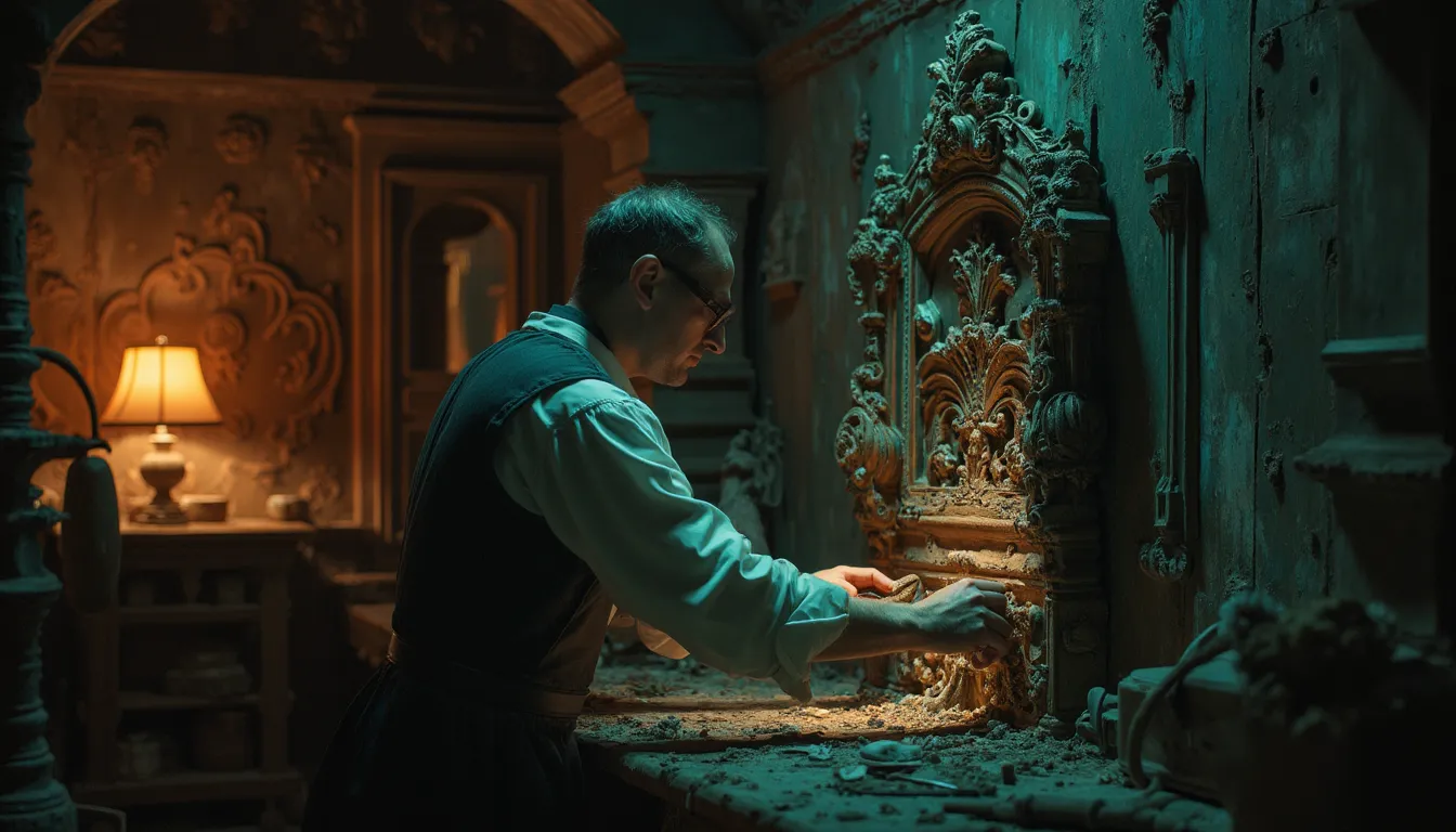 WOODCARVING LESSONS: In a dimly lit workshop, Woodcarver Grabovetskiy, wearing glasses and an apron, works on a detailed piece. The workshop is beautifully decorated. - Wood Carving tutorials