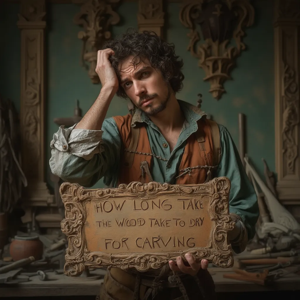 A person stands in a wood carving workshop, holding a carved sign that says, "How long take the wood to dry for carving?" The setting is filled with tools and carved pieces, giving off a creative vibe. This image highlights a common question for anyone interested in wood carving, perfect for those looking into wood carving classes or lessons.