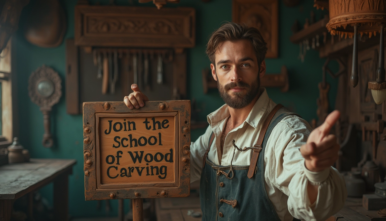 WOODCARVING LESSONS: A man with a beard is in his workshop. He is pointing at a sign that says, "Join the School of Wood Carving." The workshop has many tools and machines for woodcarving. This man is "Woodcarver Grabovetskiy. - Wood Carving tutorials