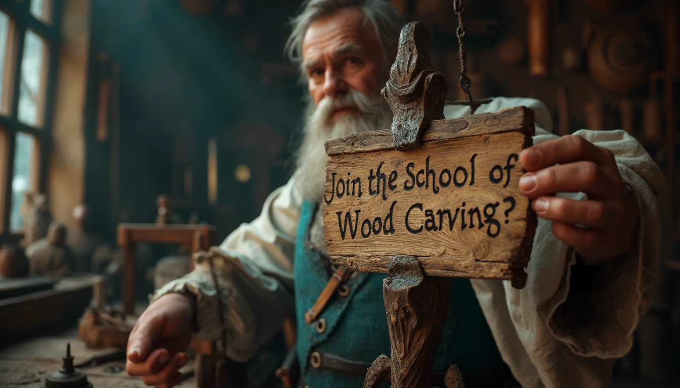 WOODCARVING LESSONS: An old man with a beard stands in his wood workshop. He holds a wooden sign that says, "Join the School of Wood Carving." This is the only person in the picture, and his name is Woodcarver Grabovetskiy. - Wood Carving tutorials