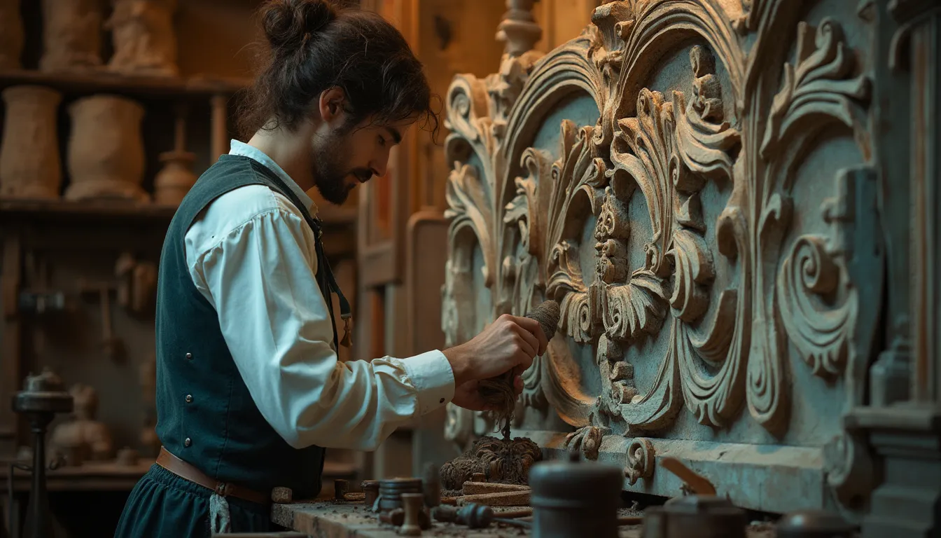 WOODCARVING LESSONS: A woodcarver named Grabovetskiy, who has long hair and a beard, is working on a detailed wood carving. He is in a workshop filled with tools and partly carved pieces. - Wood Carving tutorials