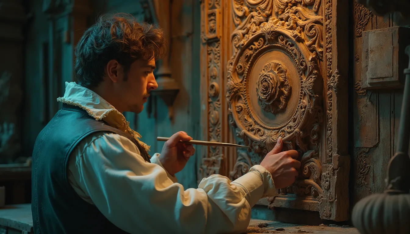 WOODCARVING LESSONS: Woodcarver Grabovetskiy, dressed in historical clothes, carefully carves a beautiful design into a piece of wood in a dim workshop. - Wood Carving tutorials