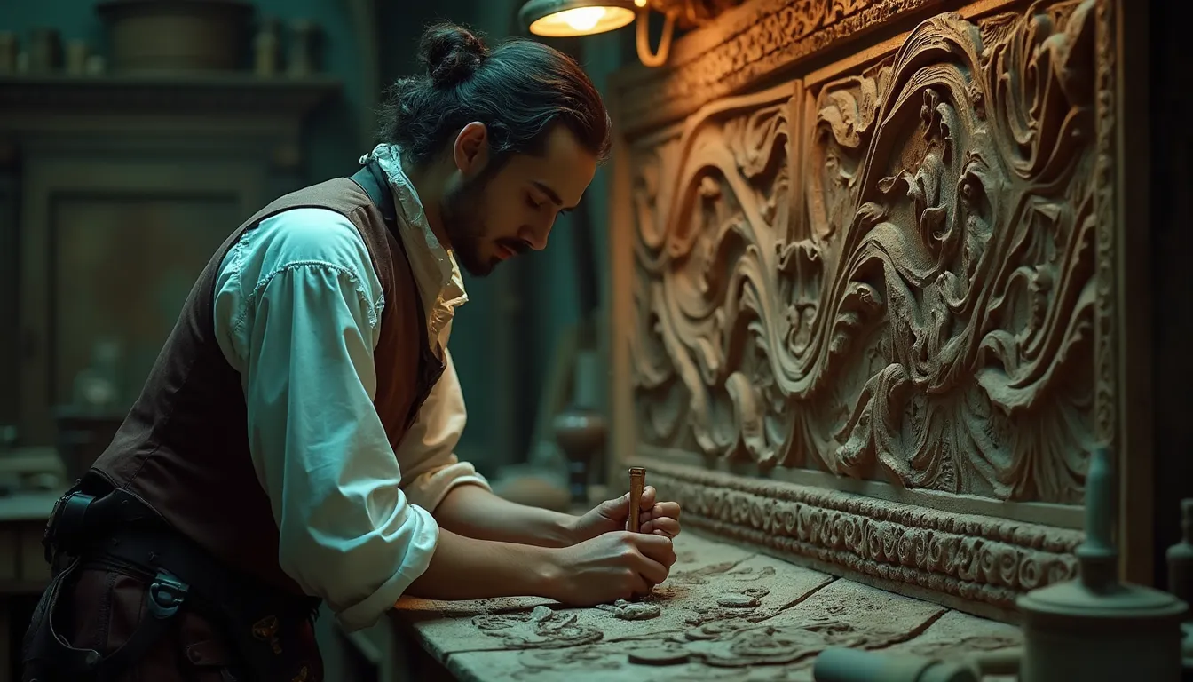 WOODCARVING LESSONS: Woodcarver Grabovetskiy, with long hair in a bun and wearing a vest, carves detailed patterns into a wooden panel at a well-lit workbench. - Wood Carving tutorials