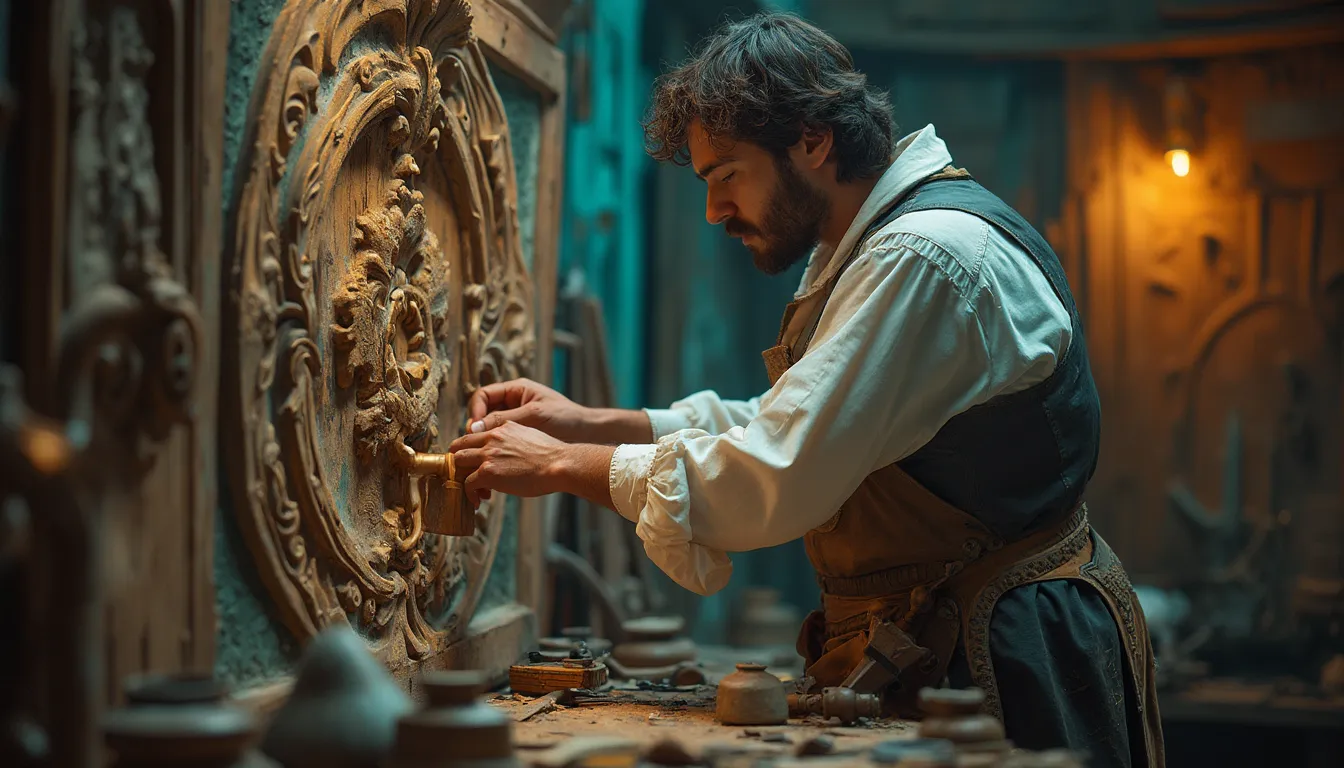 WOODCARVING LESSONS: Woodcarver Grabovetskiy carves details into a big wood panel in his workshop. Various tools are on the workbench. - Wood Carving tutorials