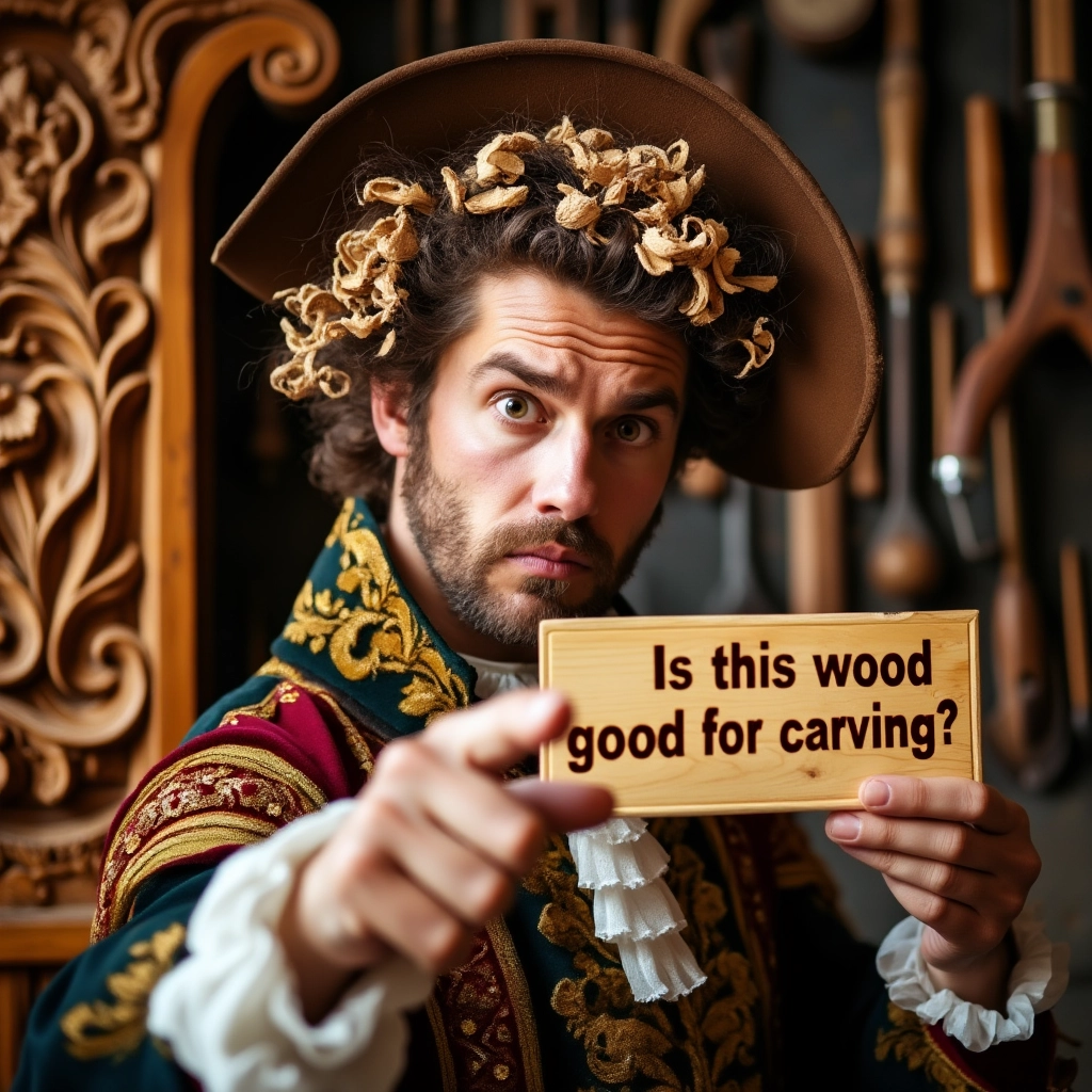 WOODCARVING LESSONS: A man dressed in old-style clothes holds a sign saying, "Is this wood good for carving?" He stands in a workshop full of woodworking tools and carvings. The man is Woodcarver Grabovetskiy. - Wood Carving tutorials
