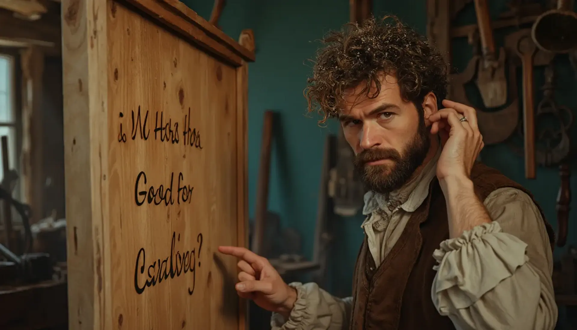 Alt text: A man stands in a wood carving workshop, looking thoughtfully at a wooden sign that reads, "Is M Hars Hara Good for Carving?" He has curly hair and a beard, wearing a period-style outfit. The workshop features various carving tools and wood pieces in the background, setting a creative and artisanal atmosphere, perfect for anyone interested in wood carving classes or lessons.