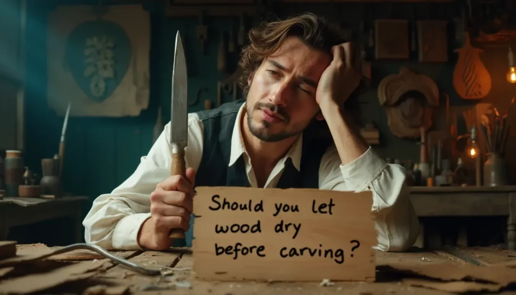 A woodworker looks contemplative, resting his head on one hand while holding a carving knife in the other. In front of him, a wooden sign asks, "Should you let wood dry before carving?" The workspace is filled with tools and wooden carvings, creating an inviting atmosphere for wood carving classes and lessons.