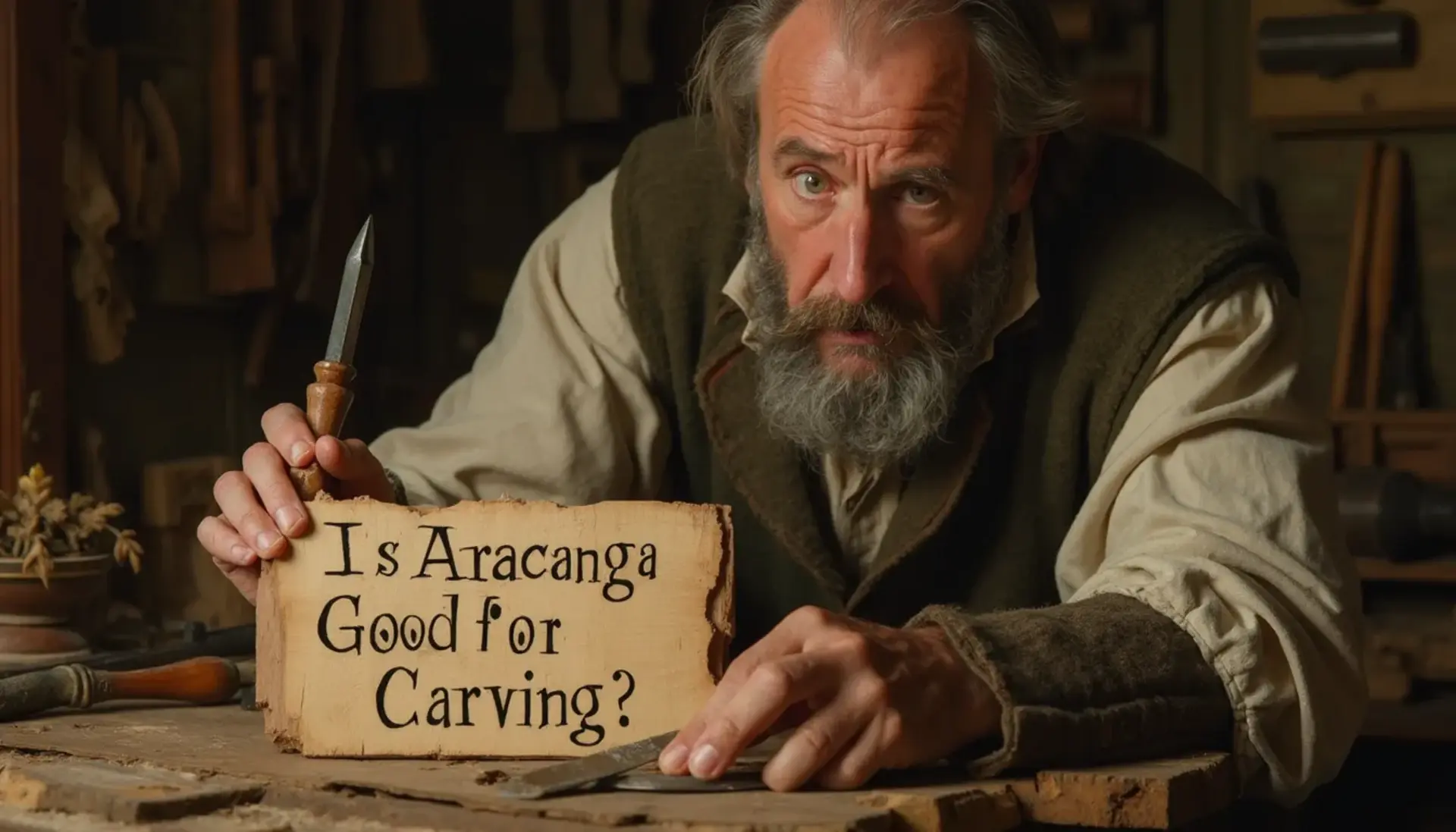WOODCARVING LESSONS: Woodcarver Grabovetskiy, a man with a beard, holds a sign that says "What wood is the best for carving?" He looks thoughtful. Carving tools are on the table in front of him. - Wood Carving tutorials