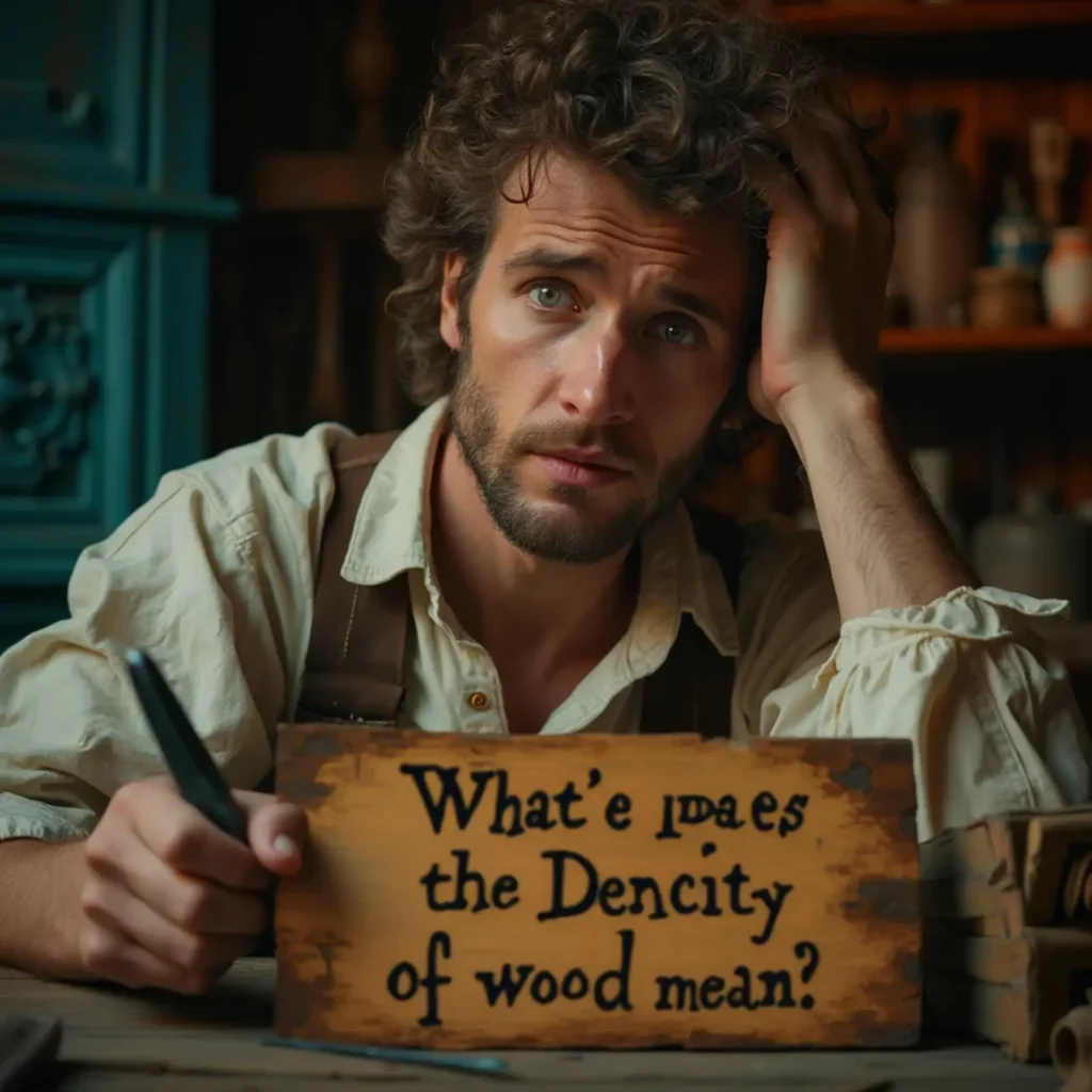 A curious woodworker wonders about wood density, holding a sign that asks, "What’s the Dencity of wood mean?" This scene captures the essence of learning in wood carving classes, where enthusiasts explore important concepts. Perfect for those interested in wood carving lessons!