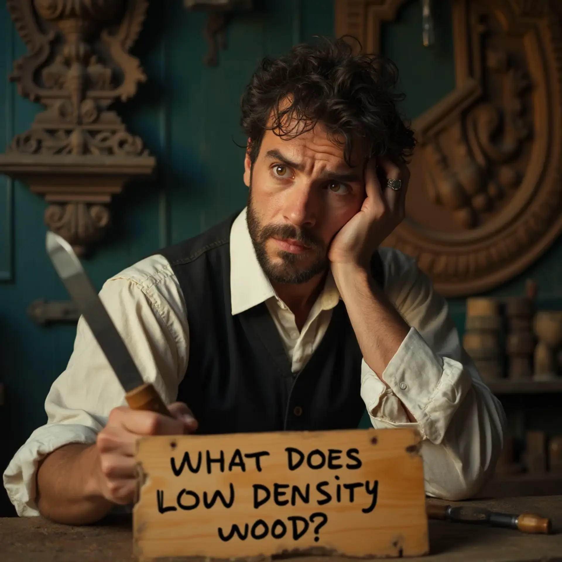 WOODCARVING LESSONS: Woodcarver Grabovetskiy, a man with a beard, holds a sign that says "What wood is the best for carving?" He looks thoughtful. Carving tools are on the table in front of him. - Wood Carving tutorials