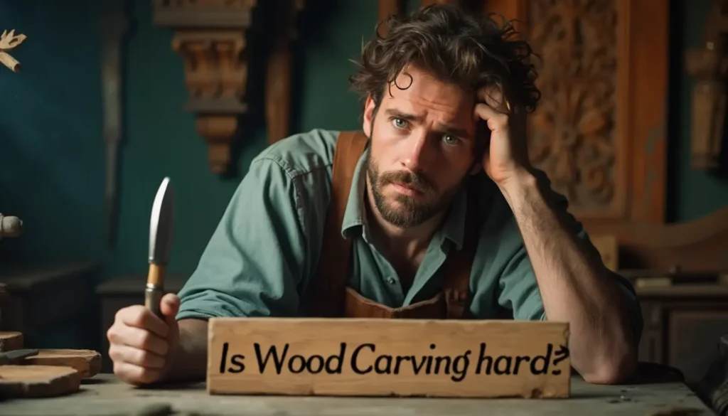 WOODCARVING LESSONS: A man with messy hair sits at a workbench, holding a carving knife and thinking deeply. A wooden sign in front of him asks, "Is Wood Carving hard? - Wood Carving tutorials
