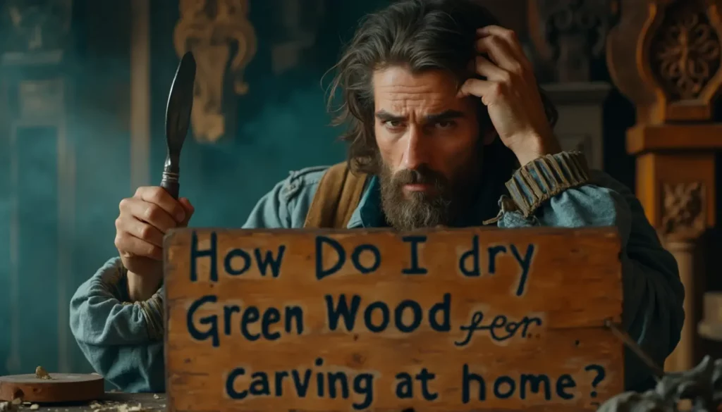 A man looks puzzled while holding a carving tool and a wooden sign. The sign asks, "How Do I dry Green Wood for carving at home?" This scene captures the real struggle of wood carving enthusiasts. It highlights the challenge of preparing green wood for better carving results. Perfect for those considering wood carving classes or lessons!