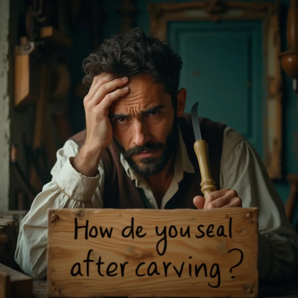 "Man looking puzzled with a carving knife, holding his head in frustration, and a wooden sign that says, 'How do you seal after carving?' Perfect for those curious about wood carving classes and lessons!"