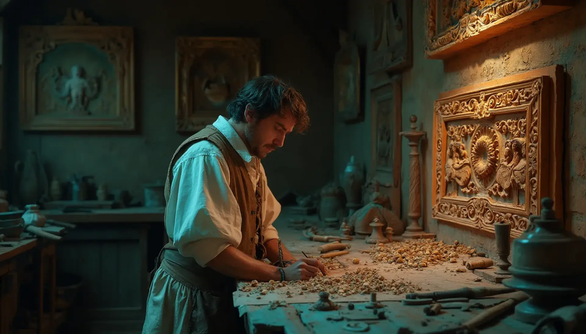 A thoughtful person gazing thoughtfully while touching a beautifully carved wooden column. The intricate carvings depict scenes of historical significance, showcasing the skills involved in wood carving. This image highlights the artistry found in wood carving classes and lessons.