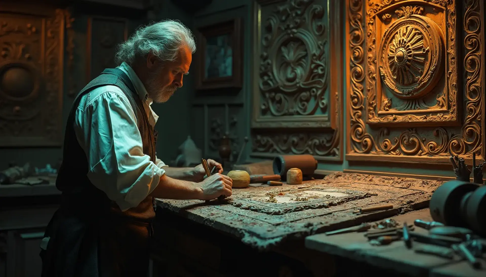 WOODCARVING LESSONS: Woodcarver Grabovetskiy, who has gray hair and a beard, is carving wood at his workbench in a fancy, dimly lit room. There are tools and wooden pieces around him. - Wood Carving tutorials