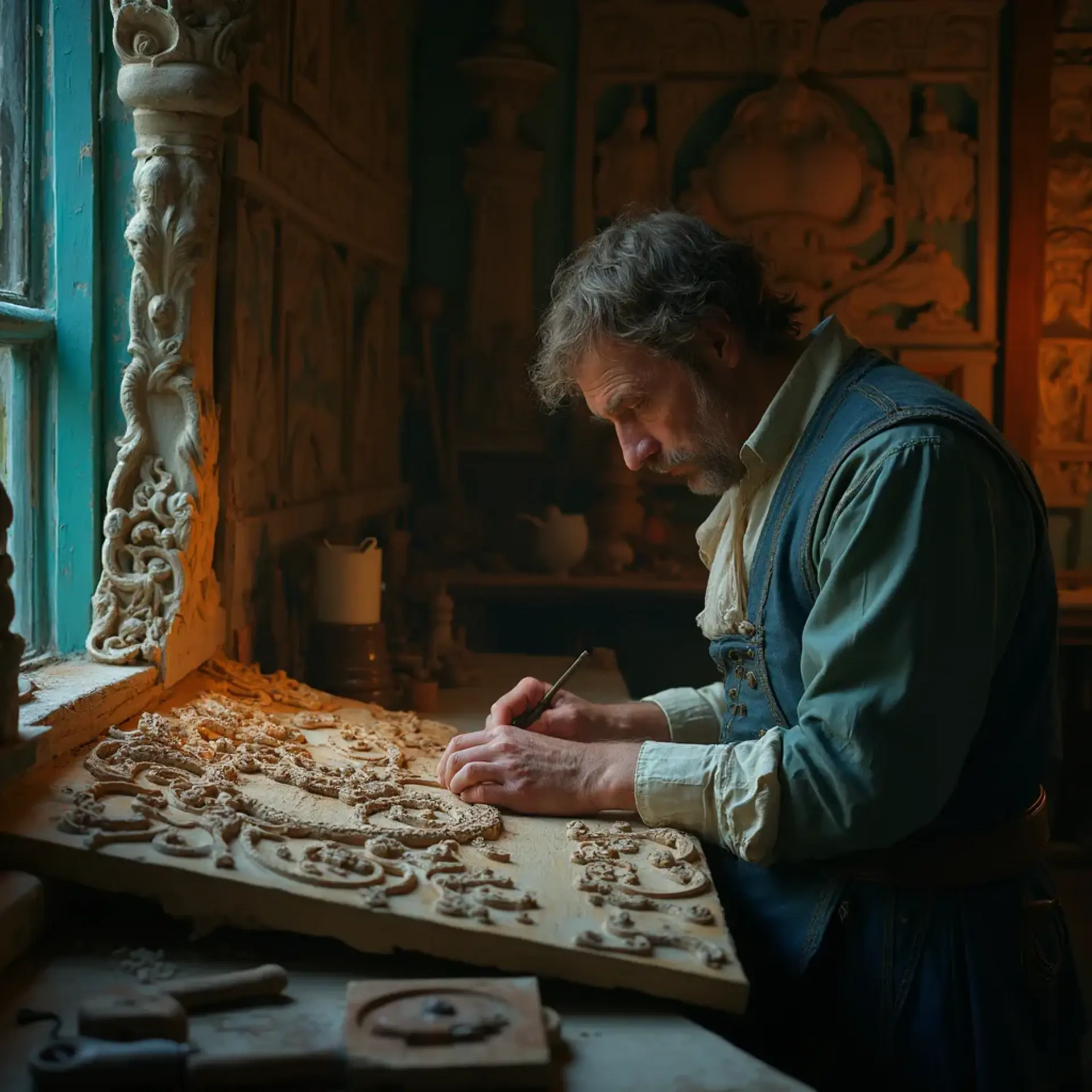 WOODCARVING LESSONS: Woodcarver Grabovetskiy, a man with a beard, holds a sign that says "What wood is the best for carving?" He looks thoughtful. Carving tools are on the table in front of him. - Wood Carving tutorials