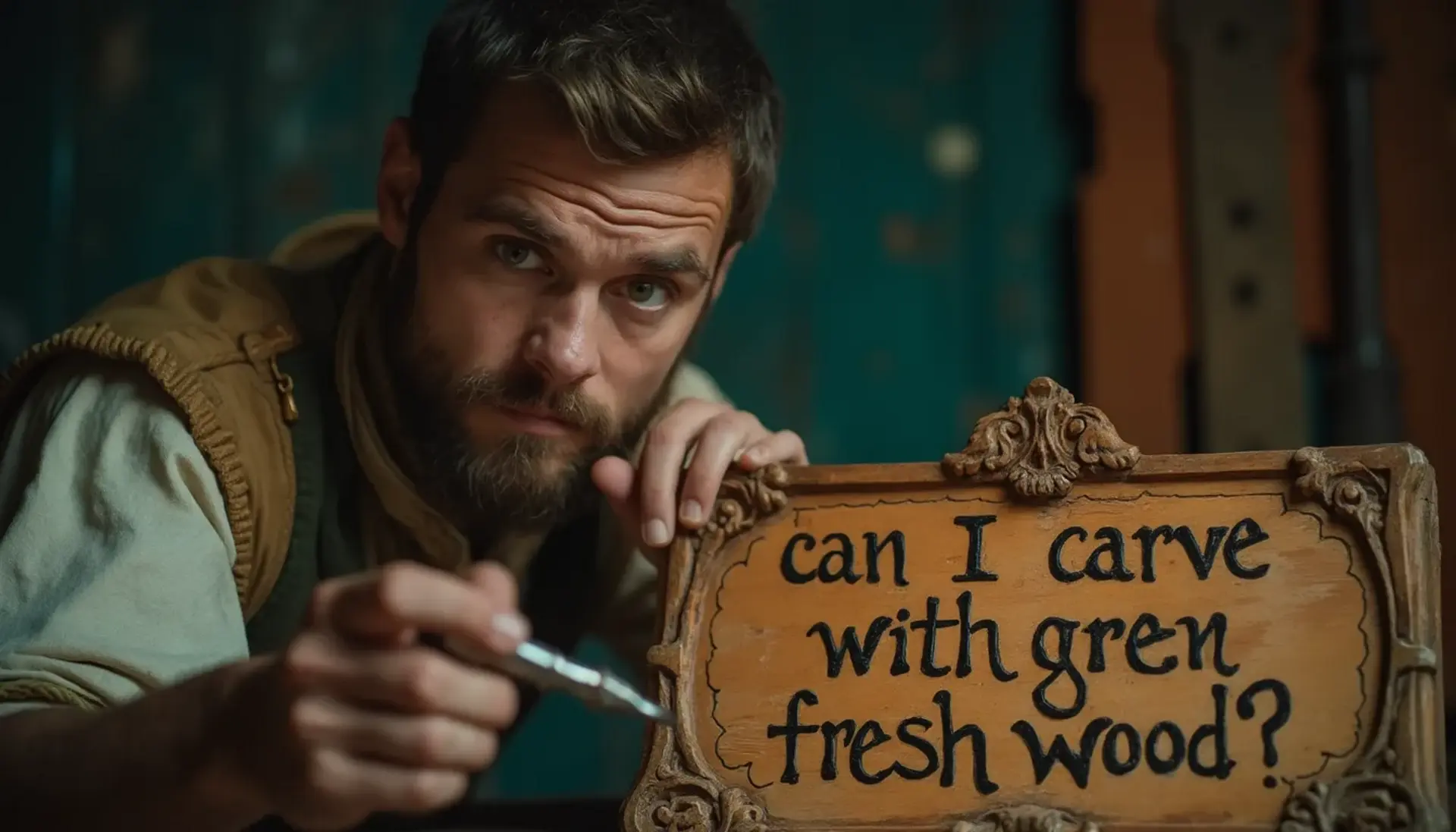 WOODCARVING LESSONS: Woodcarver Grabovetskiy, a man with a beard, holds a sign that says "What wood is the best for carving?" He looks thoughtful. Carving tools are on the table in front of him. - Wood Carving tutorials