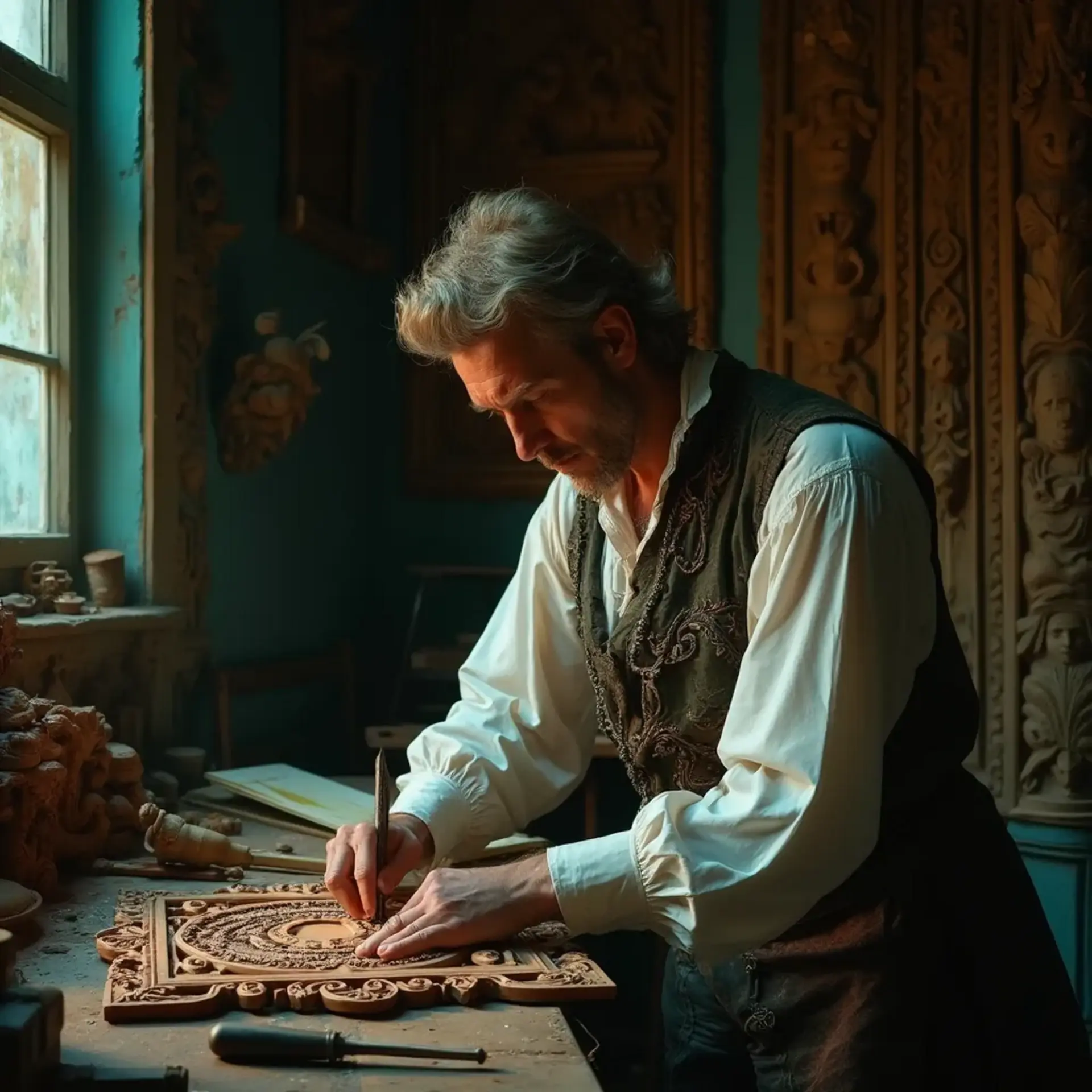 WOODCARVING LESSONS: Woodcarver Grabovetskiy, a man with a beard, holds a sign that says "What wood is the best for carving?" He looks thoughtful. Carving tools are on the table in front of him. - Wood Carving tutorials