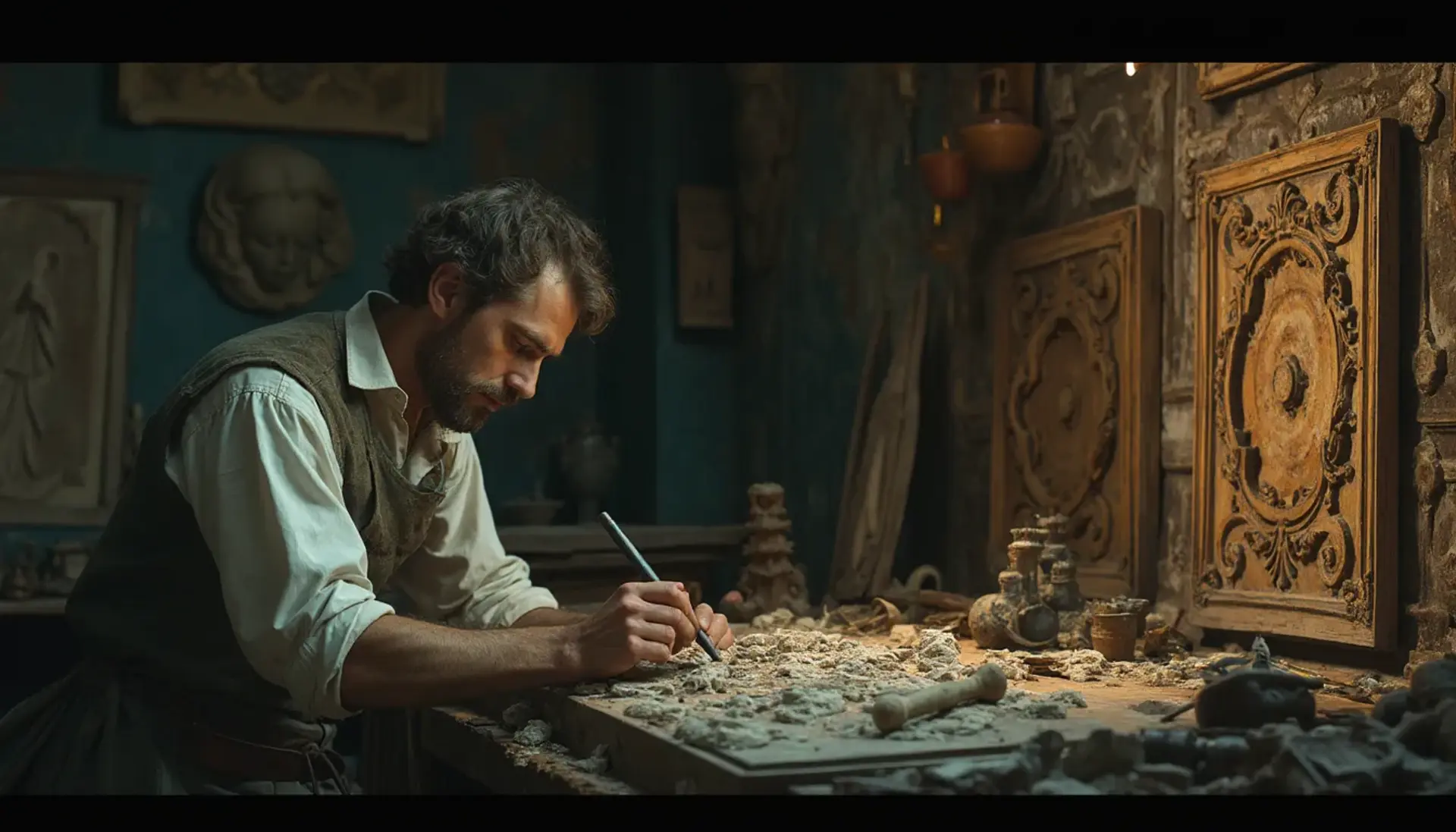 WOODCARVING LESSONS: Woodcarver Grabovetskiy, a man with a beard, holds a sign that says "What wood is the best for carving?" He looks thoughtful. Carving tools are on the table in front of him. - Wood Carving tutorials