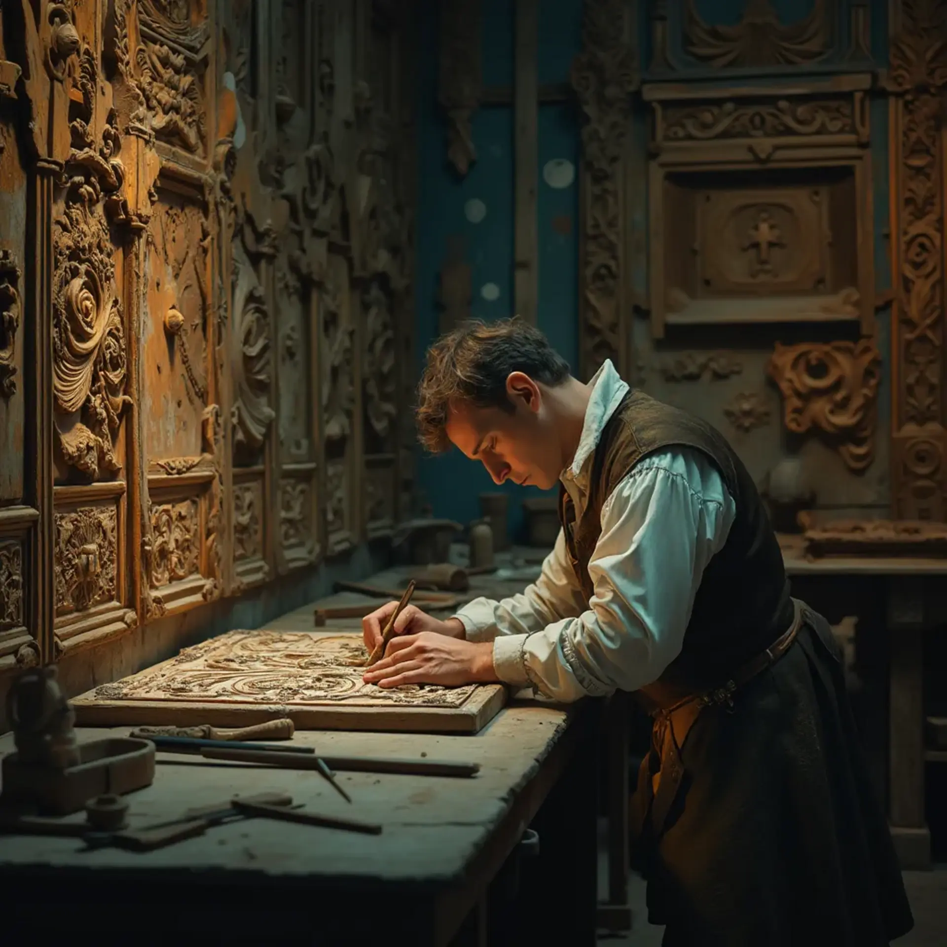 WOODCARVING LESSONS: Woodcarver Grabovetskiy, a man with a beard, holds a sign that says "What wood is the best for carving?" He looks thoughtful. Carving tools are on the table in front of him. - Wood Carving tutorials