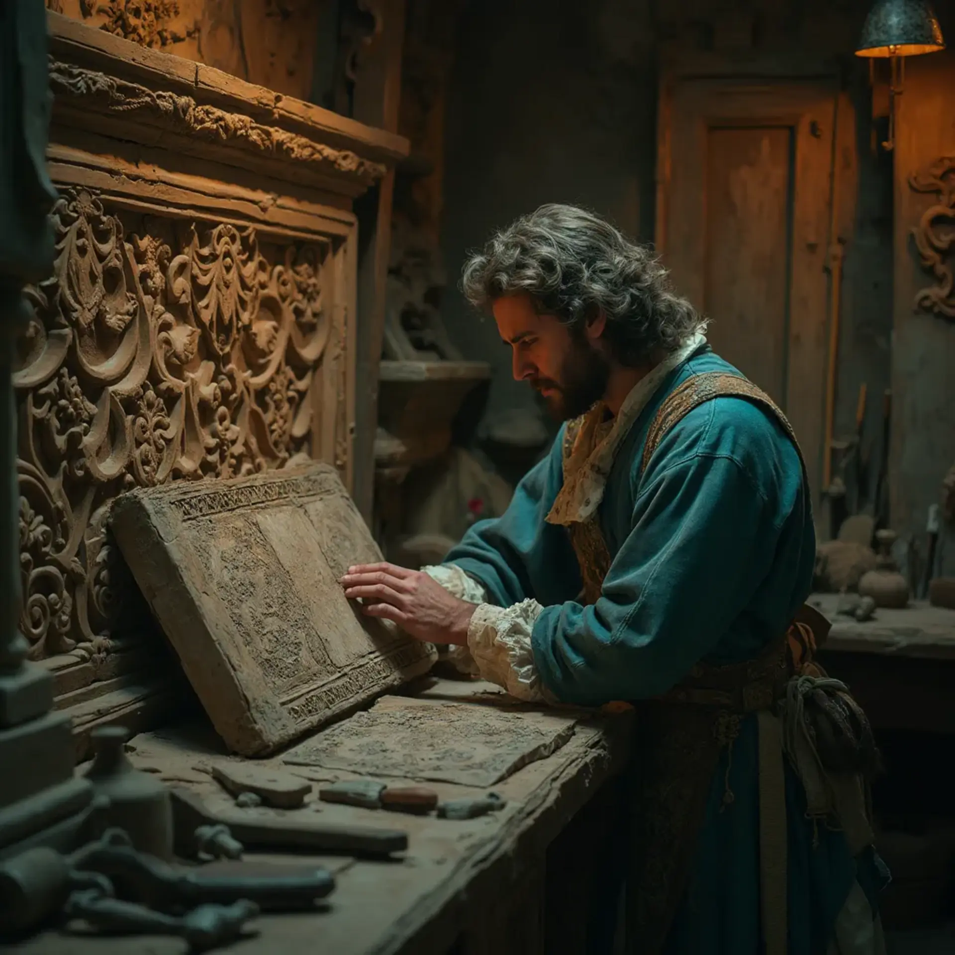 WOODCARVING LESSONS: Woodcarver Grabovetskiy, a man with a beard, holds a sign that says "What wood is the best for carving?" He looks thoughtful. Carving tools are on the table in front of him. - Wood Carving tutorials
