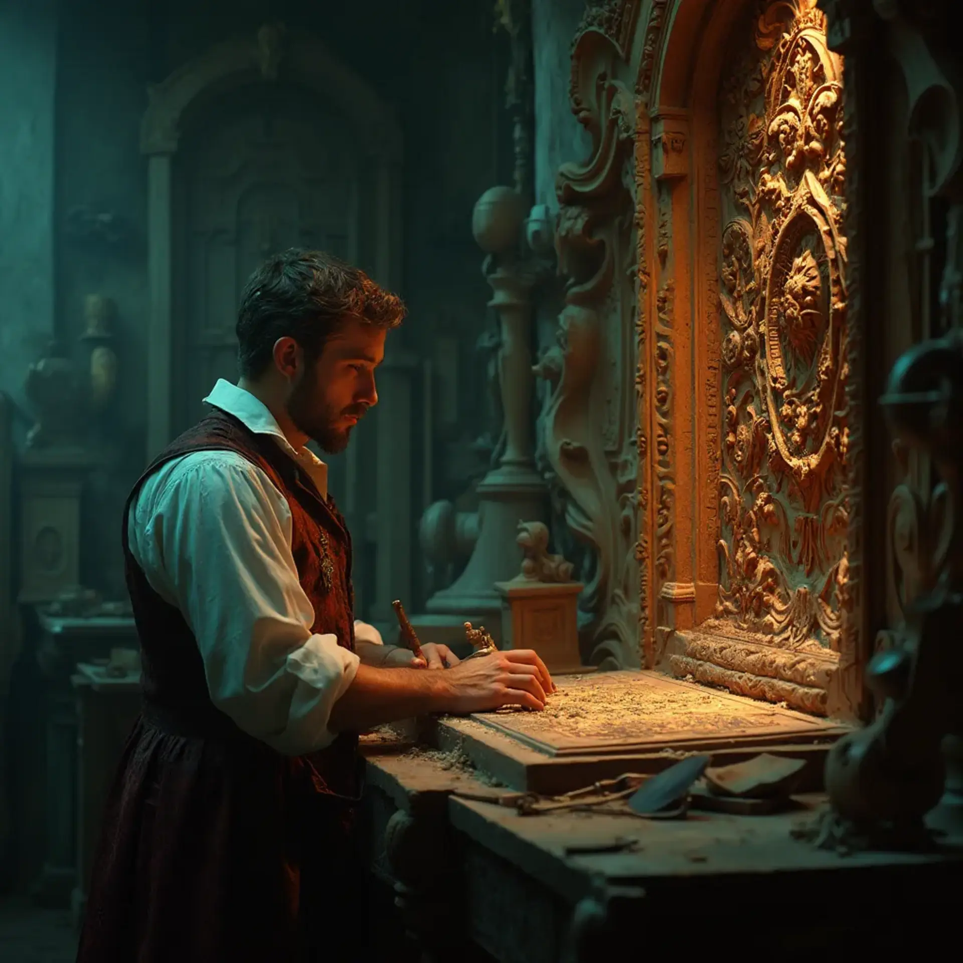 WOODCARVING LESSONS: Woodcarver Grabovetskiy, a man with a beard, holds a sign that says "What wood is the best for carving?" He looks thoughtful. Carving tools are on the table in front of him. - Wood Carving tutorials
