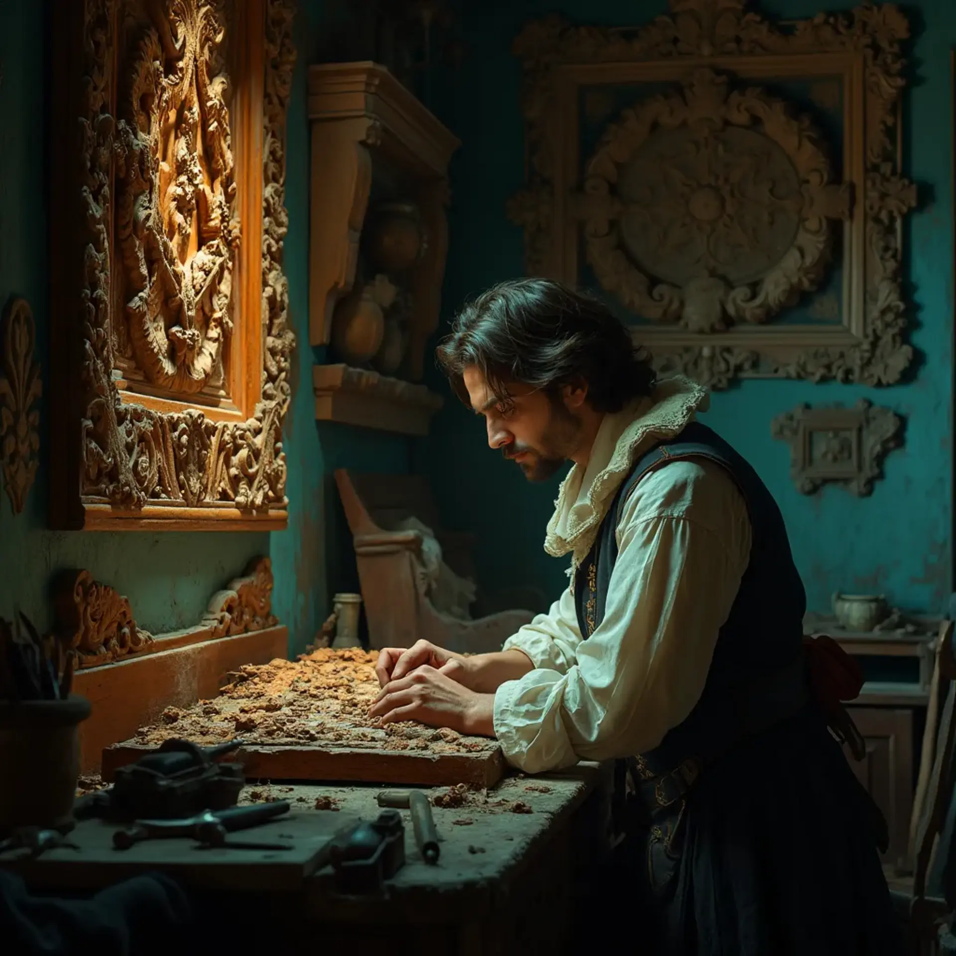A focused individual carves intricate designs at a wooden workbench, surrounded by tools. The room has a vintage feel with ornate carvings on the walls. This scene beautifully highlights the art of wood carving and the dedication found in wood carving classes and lessons.