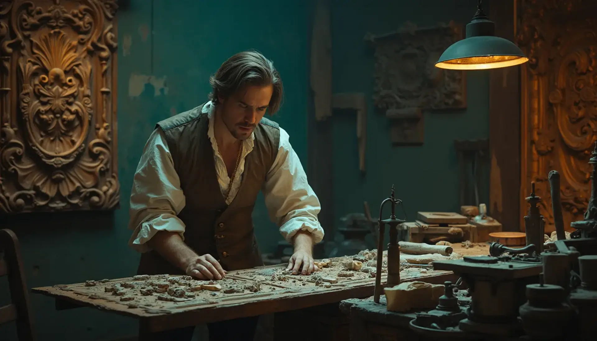 A man focused on detailed wood carving in a dimly lit workshop, surrounded by intricate wooden panels and tools.