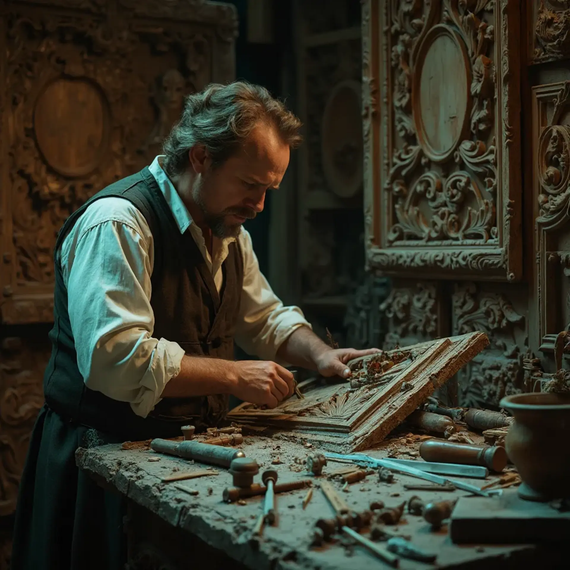 WOODCARVING LESSONS: Woodcarver Grabovetskiy, a man with a beard