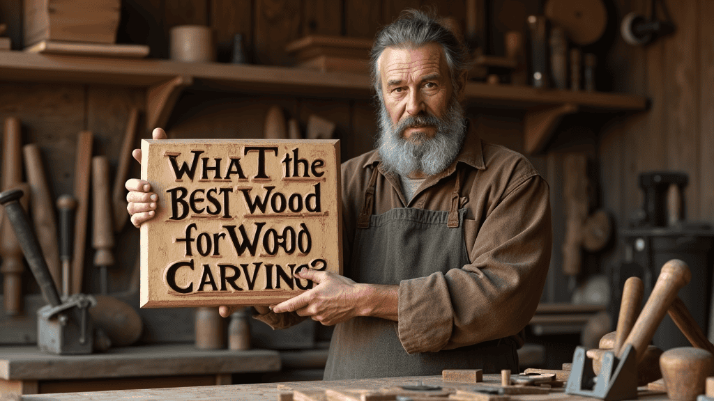 WOODCARVING LESSONS: A bearded man, Woodcarver Grabovetskiy, is in a workshop. He holds a wooden sign that says, "What is the Best Wood for Wood Carving?" Tools and wood are around him; he wears an apron. - Wood Carving tutorials