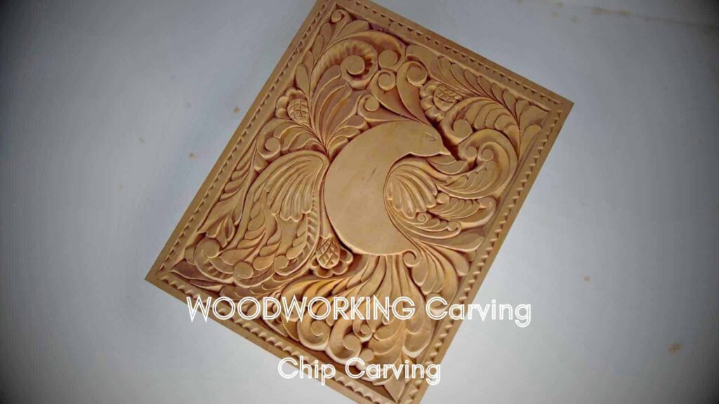 WOODCARVING LESSONS: Wooden panel with detailed chip carving showing a bird and flower patterns. Labeled "WOODWORKING Carving" and "Chip Carving." Ideal for beginners in WOOD CARVING or those looking for tips on selecting the best wood to carve. All images feature "Woodcarver Grabovetskiy. - Wood Carving tutorials