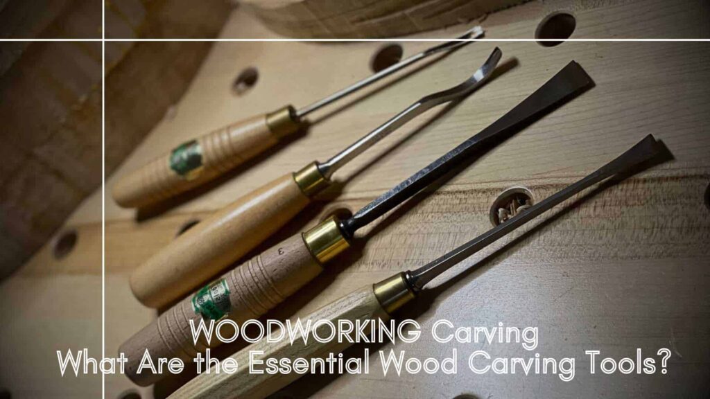 WOODCARVING LESSONS: Four wooden carving tools on a perforated wooden surface. Text says, "WOODWORKING CARVING: Beginner Tips for Carving Techniques and Essential Tools by Woodcarver Grabovetskiy. - Wood Carving tutorials
