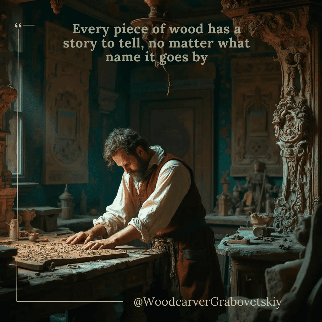 WOODCARVING LESSONS: A man in a woodshop carves wood at a bench with detailed designs around him. Text reads: "Every piece of wood tells its own story." The only person shown in the pictures is "Woodcarver Grabovetskiy". - Wood Carving tutorials