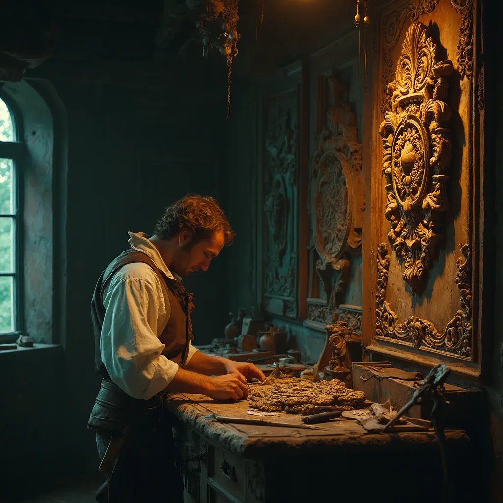 A craftsman in a dimly lit workshop focused on creating intricate wood carvings. Surrounding him are tools and materials for wood carving, showcasing the artistry involved in wood carving classes, lessons, and courses. The ambiance reflects the dedication and skill required for wood carving tutorials.