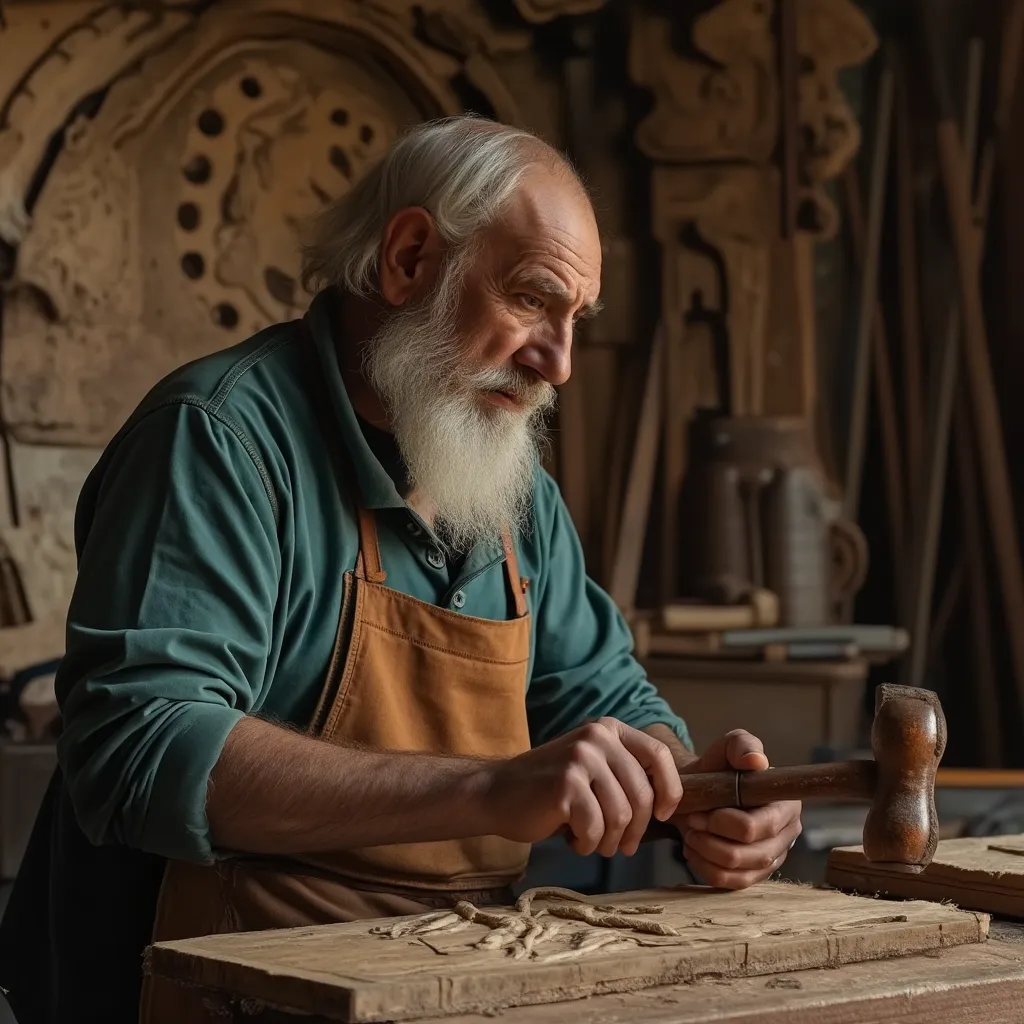 WOODCARVING LESSONS: In a workshop, an elderly man with a gray beard carves wood using a mallet and chisel. He wears an apron over his green shirt and is surrounded by wood pieces and tools. The person in the pictures is "Woodcarver Grabovetskiy. - Wood Carving tutorials